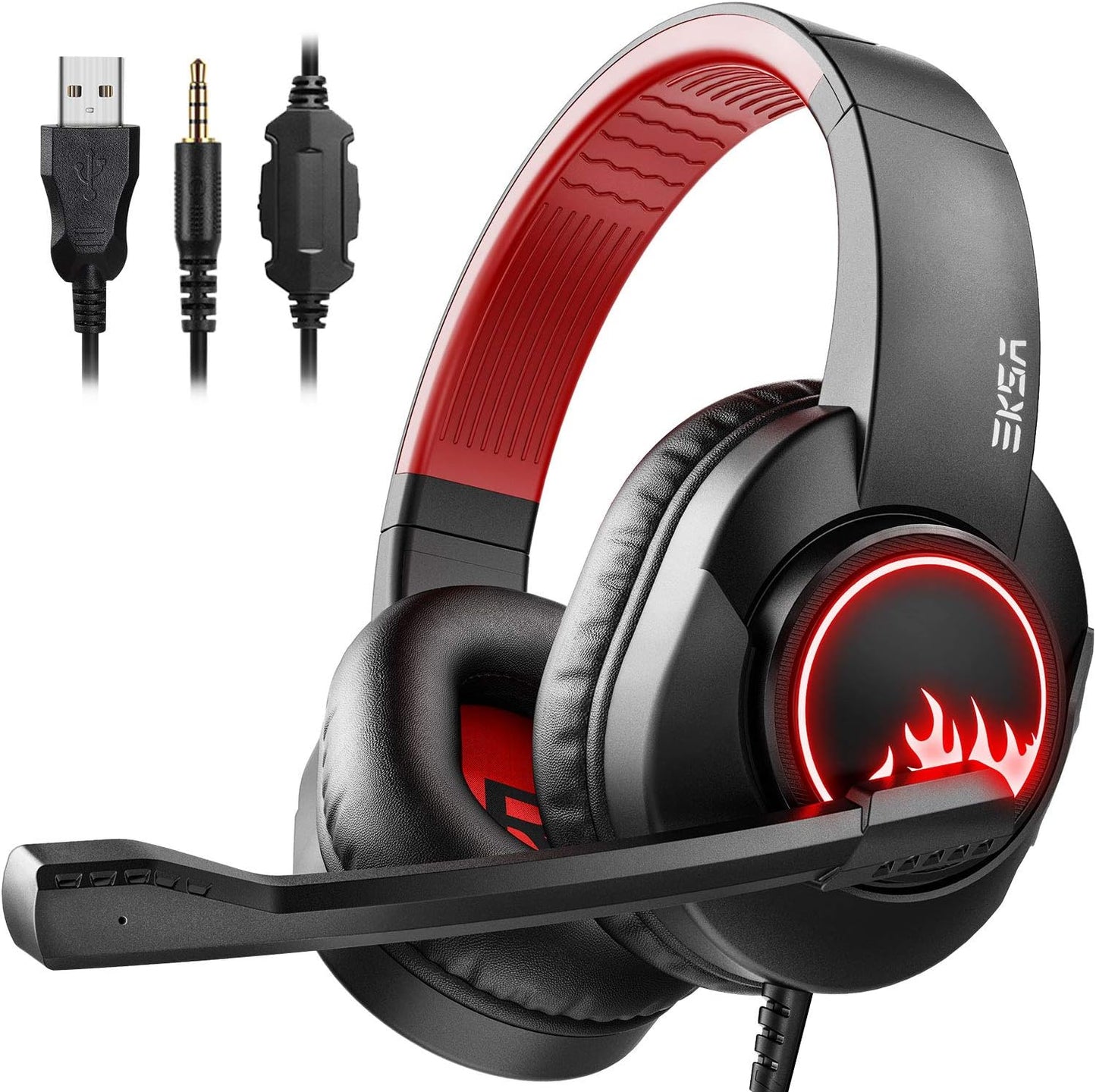 EKSA T8 PS4 Headset Gaming Headphone with Noise Canceling Mic, Wired PC Headset with Surround Stereo Sound, LED Light for PS4, PC, Laptop (Red)