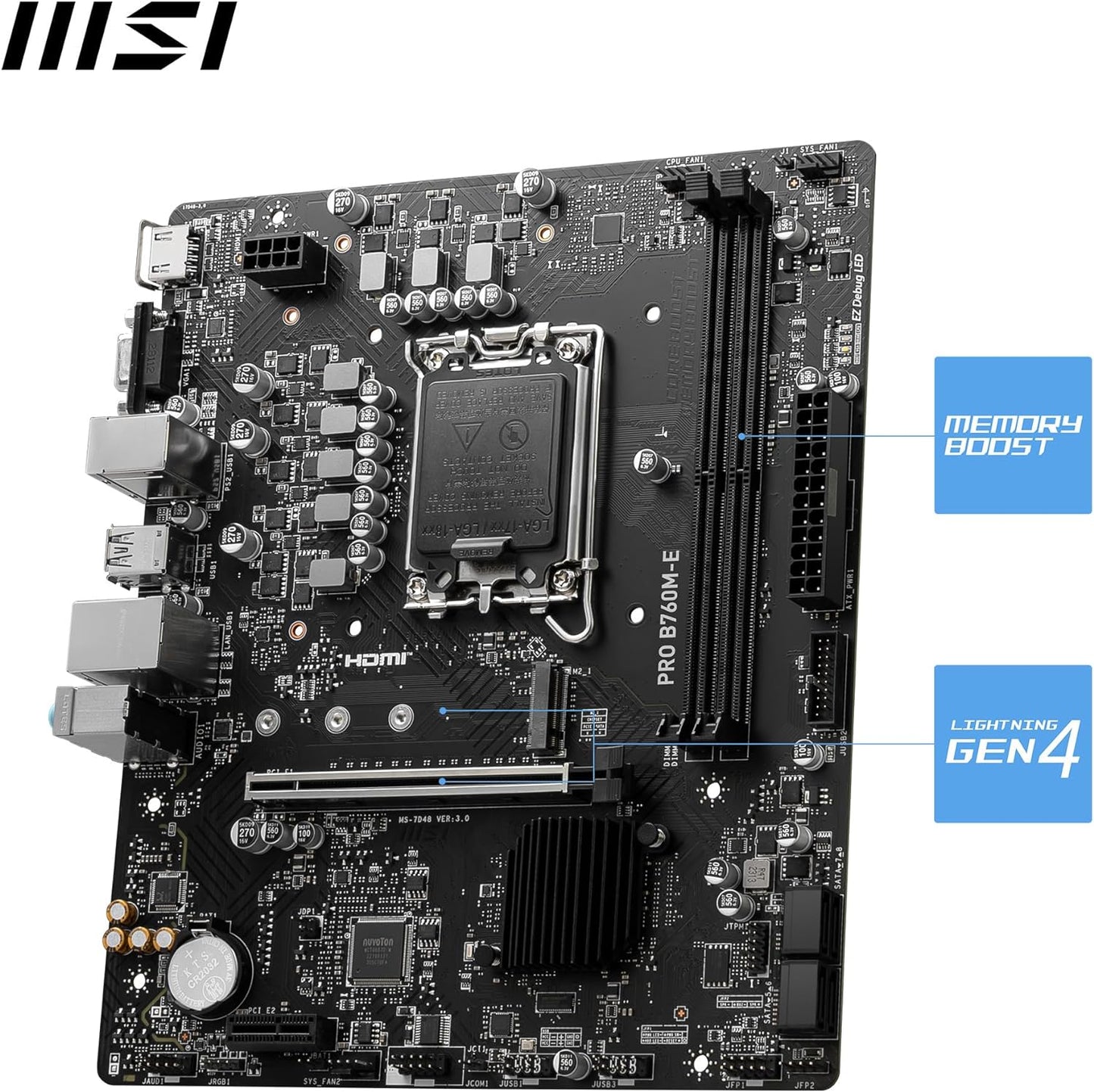 MSI PRO B760M-E Motherboard, Micro-ATX - Supports Intel 12th & 13th Gen Core Processors, LGA 1700 - DDR5 Memory Boost 5600MHz, PCIe 4.0 x16 Slot, M.2 Gen4 Slot