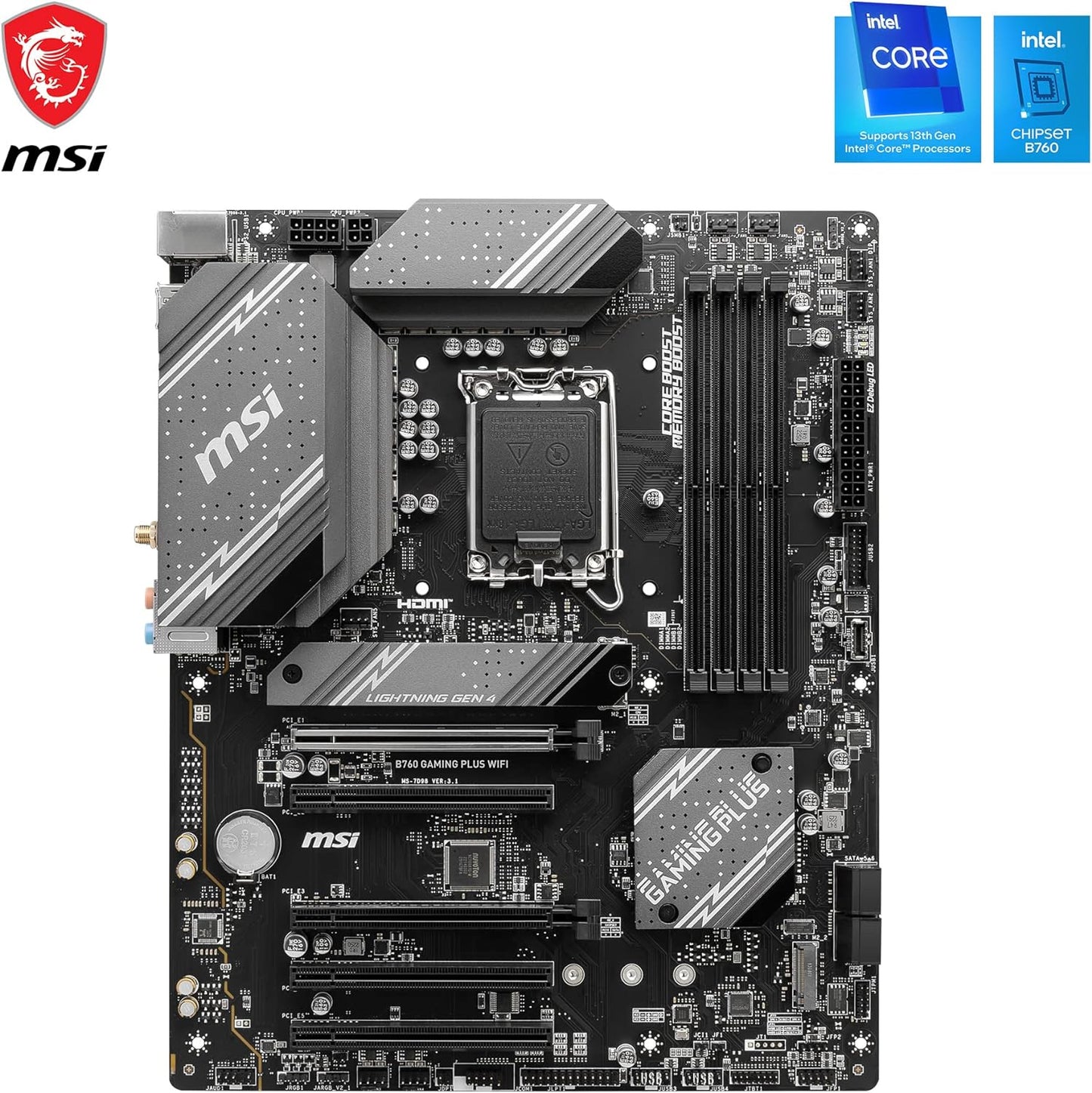 MSI B760 GAMING PLUS WIFI Motherboard, ATX - Supports Intel 12th & 13th Gen Core Processors, LGA 1700 - DDR5 Memory Boost 6800+MHz/OC, 2 x PCIe 4.0 x16, 2 x M.2 Gen4, 2.5G LAN, Wi-Fi 6E