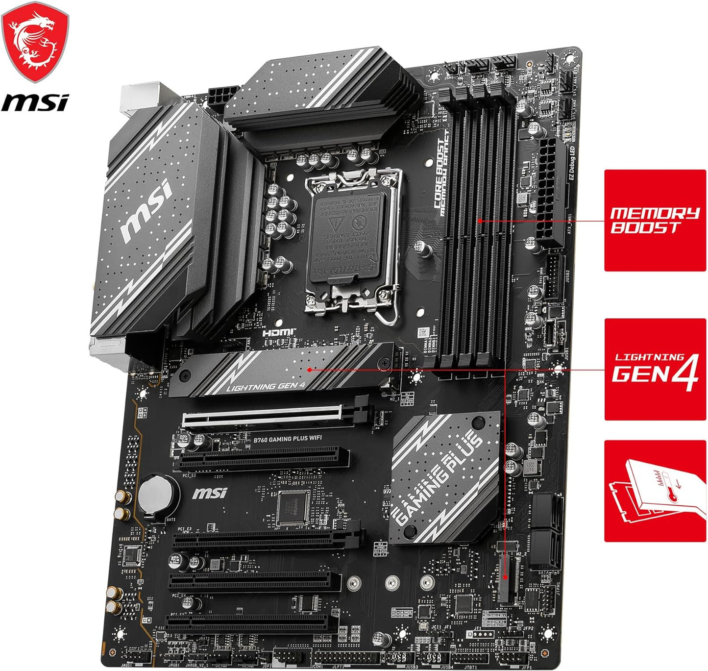 MSI B760 GAMING PLUS WIFI Motherboard, ATX - Supports Intel 12th & 13th Gen Core Processors, LGA 1700 - DDR5 Memory Boost 6800+MHz/OC, 2 x PCIe 4.0 x16, 2 x M.2 Gen4, 2.5G LAN, Wi-Fi 6E