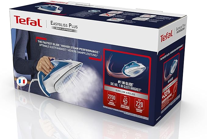 Tefal Easygliss Plus Steam Iron, 2700 W, 220 gmin, Durilium Soleplate, Blue/White - FV5751E2