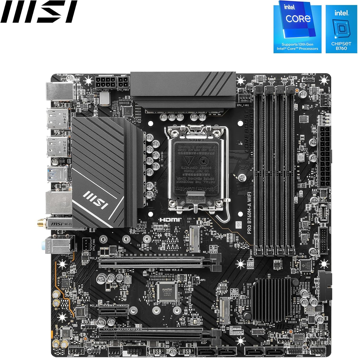 MSI PRO B760M-A WiFi Gaming ProSeries Motherboard, Supports 12th/13th Gen Intel Processors, LGA 1700, Micro-ATX, Wi-Fi 6E, DDR4 - Black - T