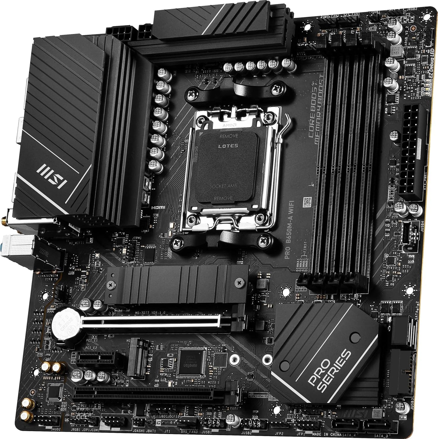 MSI PRO B650M-A WiFi ProSeries Motherboard (AMD AM5, mATX, DDR5, PCIe 4.0, M.2, SATA 6Gb/s, USB 3.2 Gen 2, HDMI/DP, Wi-Fi 6E, AMD Ryzen 7000 Series Desktop Processors) - T