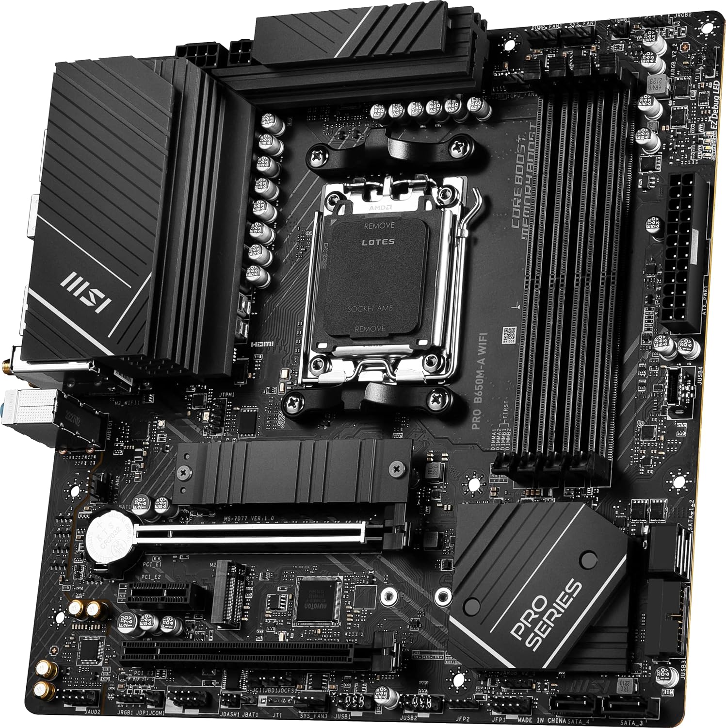 MSI PRO B650M-A WiFi ProSeries Motherboard (AMD AM5, mATX, DDR5, PCIe 4.0, M.2, SATA 6Gb/s, USB 3.2 Gen 2, HDMI/DP, Wi-Fi 6E, AMD Ryzen 7000 Series Desktop Processors) - T