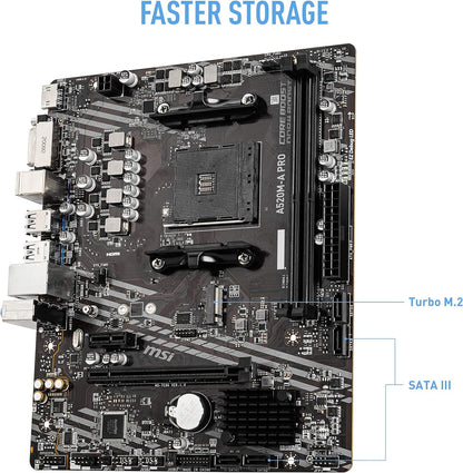 MSI A520M-A PRO Gaming Motherboard (AMD AM4, DDR4, PCIe 4.0, SATA 6Gb/s, Dual M.2, USB 3.2 Gen 1, DVI/HDMI, Micro-ATX) - T