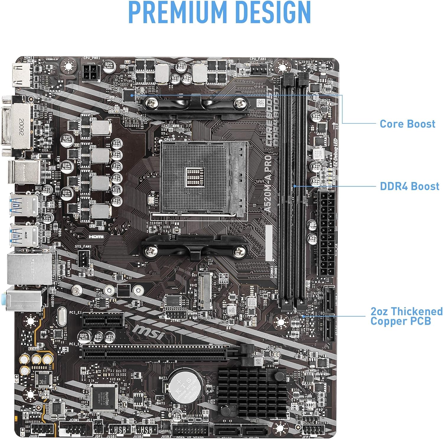 MSI A520M-A PRO Gaming Motherboard (AMD AM4, DDR4, PCIe 4.0, SATA 6Gb/s, Dual M.2, USB 3.2 Gen 1, DVI/HDMI, Micro-ATX) - T
