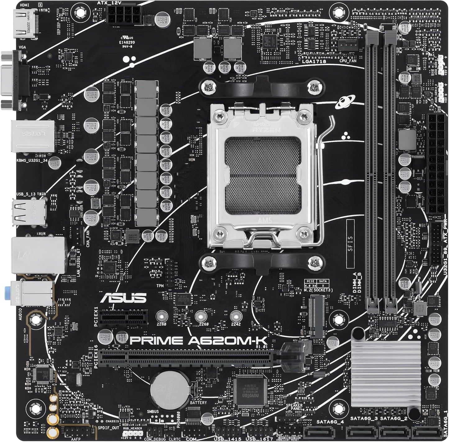 ASUS PRIME A620M-K AMD mATX Motherboard, DDR5, PCIe 4.0 M.2, HDMI, VGA, SATA 6Gbps, Two-Way AI Noise Cancellation, Aura Sync