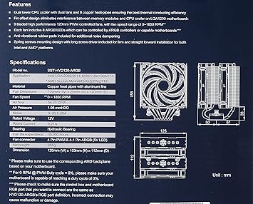 SilverStone Hydrogon D120 ARGB, Dual tower CPU cooler with 6 heat-pipes and dual 120mm ARGB fans, PWM, Intel LGA 1700, AMD AM4, SST-HYD120-ARGB