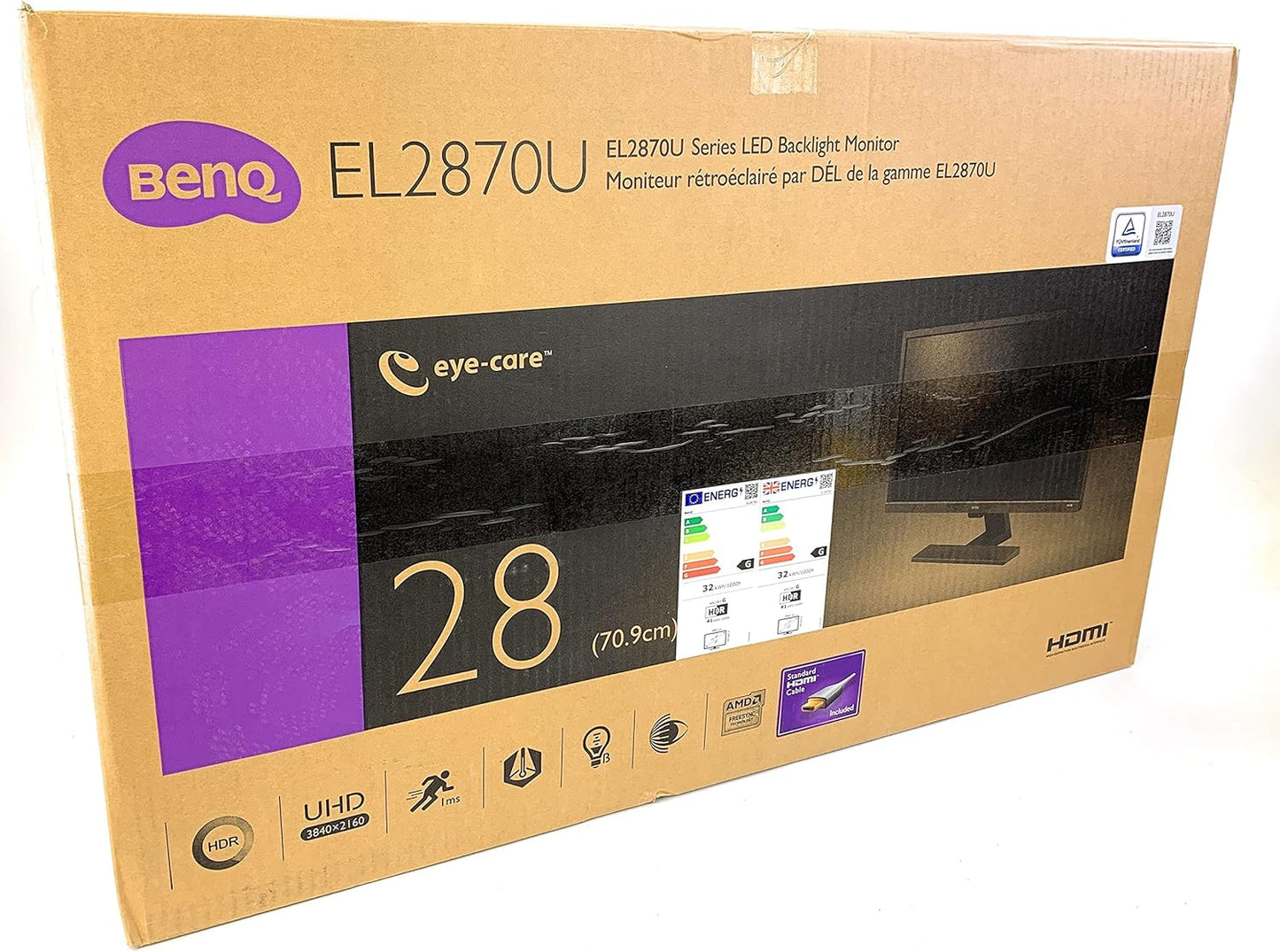 BenQ EL2870U 28 inch 4K UHD 3840 x 2160 HDR Gaming Monitor| 1ms | FreeSync| Eye-Care, Anti-glare| Brightness Intelligence Plus Sensor | HDMI, DP | Built-in Speakers