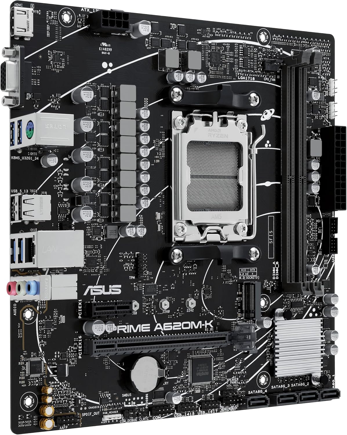 ASUS PRIME A620M-K AMD mATX Motherboard, DDR5, PCIe 4.0 M.2, HDMI, VGA, SATA 6Gbps, Two-Way AI Noise Cancellation, Aura Sync