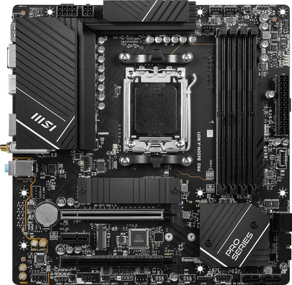 MSI PRO B650M-A WiFi ProSeries Motherboard (AMD AM5, mATX, DDR5, PCIe 4.0, M.2, SATA 6Gb/s, USB 3.2 Gen 2, HDMI/DP, Wi-Fi 6E, AMD Ryzen 7000 Series Desktop Processors) - T