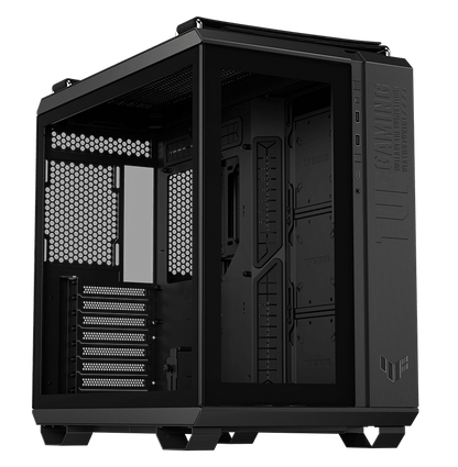 ASUS TUF Gaming GT502 Black ATX Mid-Tower Computer Case,Front Panel RGB Button,USB 3.2 Type-C,2x USB 3.0 Ports,Tool-free Side Panel,ARGB Hub, 360mm and 280mm Radiator compatible, Fabric Handle on top.