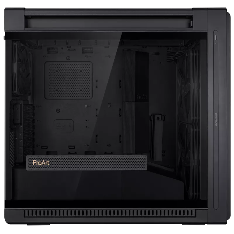 ASUS ProArt PA602 E-ATX computer case, 420 mm radiator support, one 140 mm and two 200mm pre-installed system fans, front panel IR dust indicator, power lock latch, tool-less PCIe mounting, USB 20Gbps support