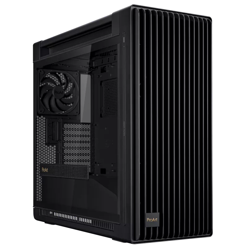 ASUS ProArt PA602 E-ATX computer case, 420 mm radiator support, one 140 mm and two 200mm pre-installed system fans, front panel IR dust indicator, power lock latch, tool-less PCIe mounting, USB 20Gbps support