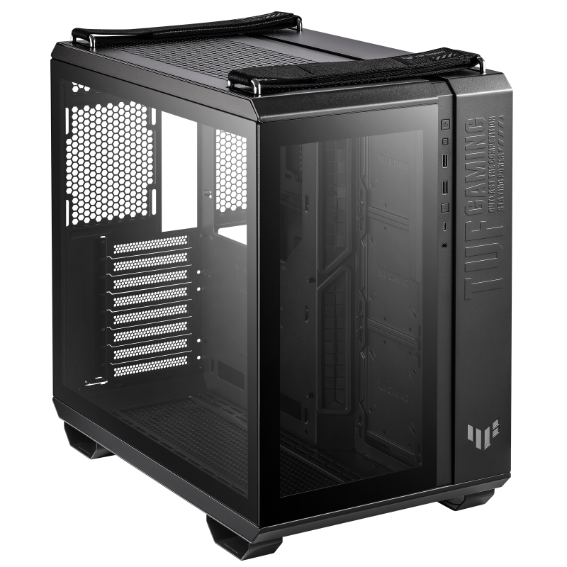 ASUS TUF Gaming GT502 Black ATX Mid-Tower Computer Case,Front Panel RGB Button,USB 3.2 Type-C,2x USB 3.0 Ports,Tool-free Side Panel,ARGB Hub, 360mm and 280mm Radiator compatible, Fabric Handle on top.