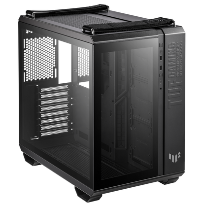 ASUS TUF Gaming GT502 Black ATX Mid-Tower Computer Case,Front Panel RGB Button,USB 3.2 Type-C,2x USB 3.0 Ports,Tool-free Side Panel,ARGB Hub, 360mm and 280mm Radiator compatible, Fabric Handle on top.