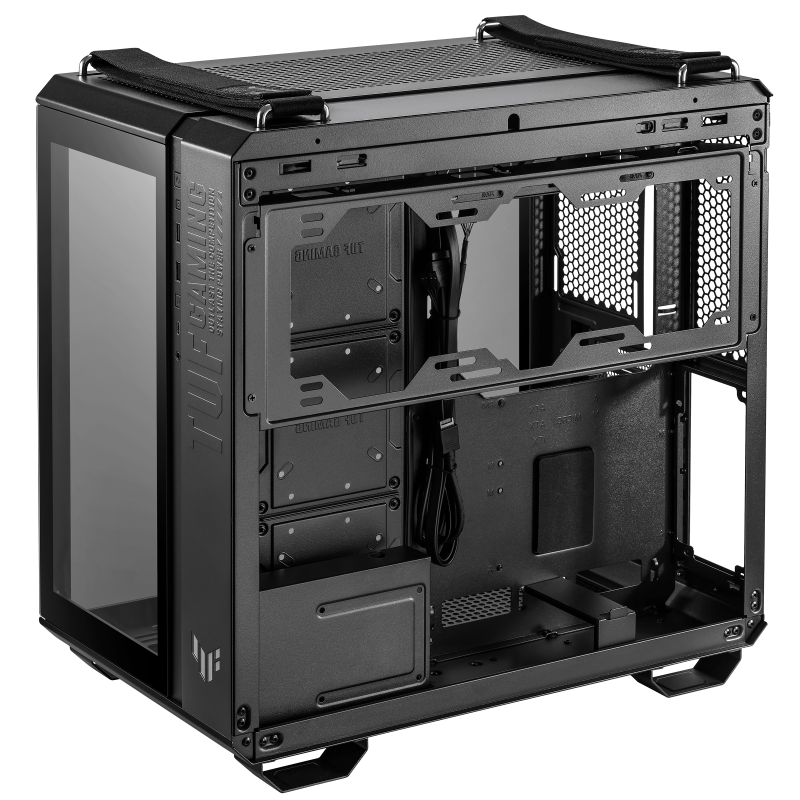 ASUS TUF Gaming GT502 Black ATX Mid-Tower Computer Case,Front Panel RGB Button,USB 3.2 Type-C,2x USB 3.0 Ports,Tool-free Side Panel,ARGB Hub, 360mm and 280mm Radiator compatible, Fabric Handle on top.