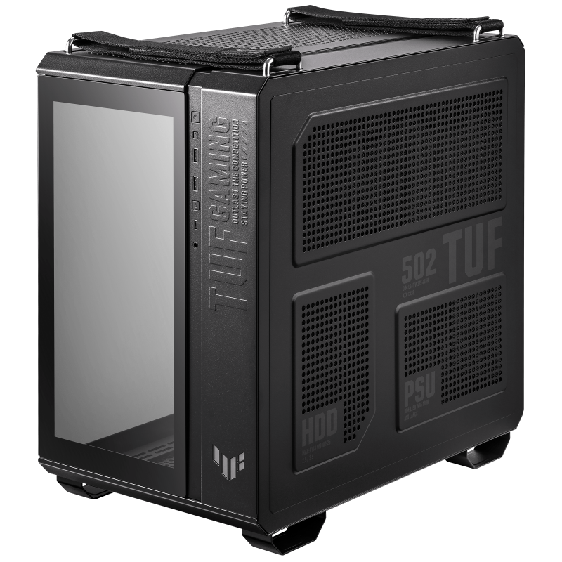 ASUS TUF Gaming GT502 Black ATX Mid-Tower Computer Case,Front Panel RGB Button,USB 3.2 Type-C,2x USB 3.0 Ports,Tool-free Side Panel,ARGB Hub, 360mm and 280mm Radiator compatible, Fabric Handle on top.