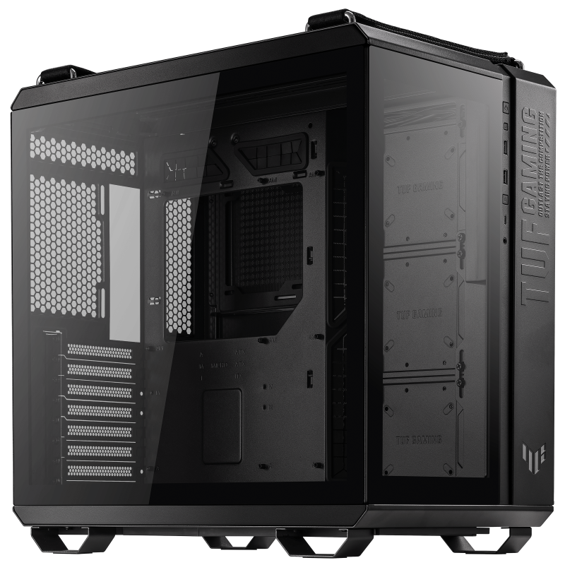 ASUS TUF Gaming GT502 Black ATX Mid-Tower Computer Case,Front Panel RGB Button,USB 3.2 Type-C,2x USB 3.0 Ports,Tool-free Side Panel,ARGB Hub, 360mm and 280mm Radiator compatible, Fabric Handle on top.